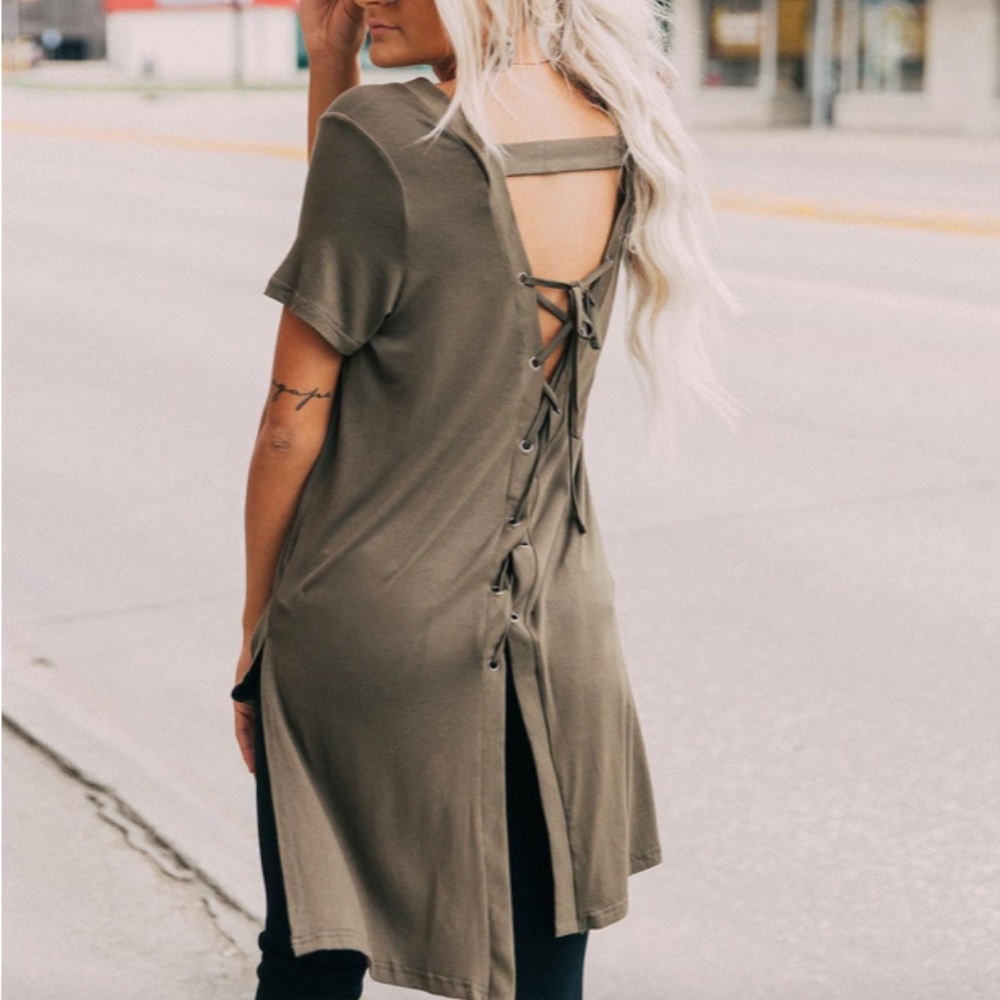 Doe & Rae Olive Green Tie Open Back Top